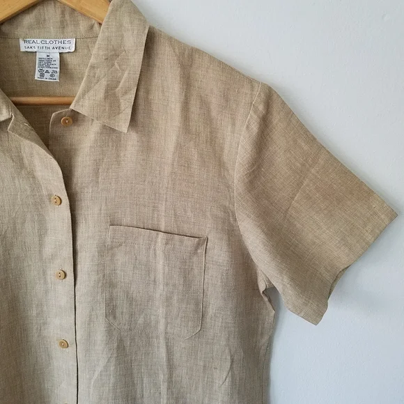 Vintage Real Clothes Saks Fith Avenue  100% Linen Beige Button Front Shirt  M - Picture 5 of 11